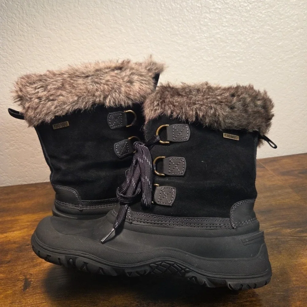 Khombu Slope Snow Boots Women 11 Black Faux Fur Trim Leather Winter Duck Boots